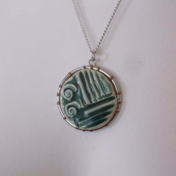 E Thorp Studios Jewelry - New Handcrafted Green Geometric Ceramic Pendant OOAK Gift